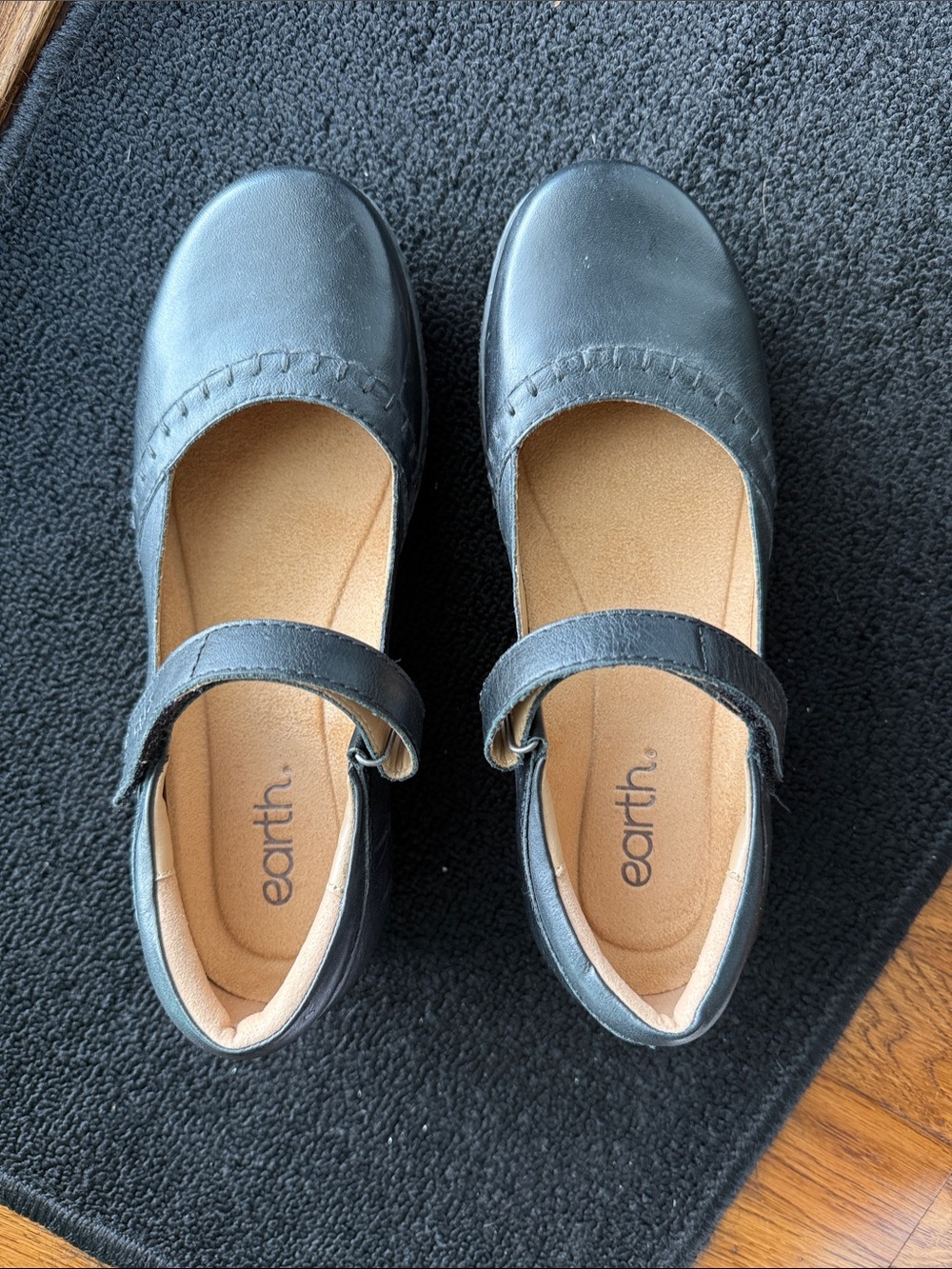 Earth Kalece Black Leather Mary Jane Mules with Adjustable Strap, Size 8, $75